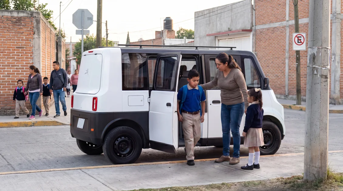 Madre e hijo saliendo de la escuela en el Olinia Uno
